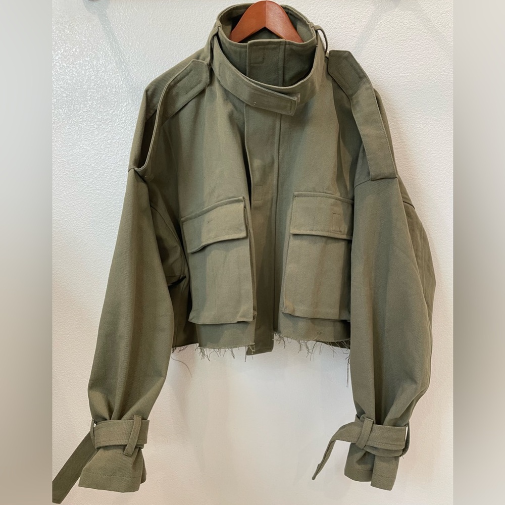 MNML NWT Olive Green Unisex Cropped Denim Jacket Oversized Size M